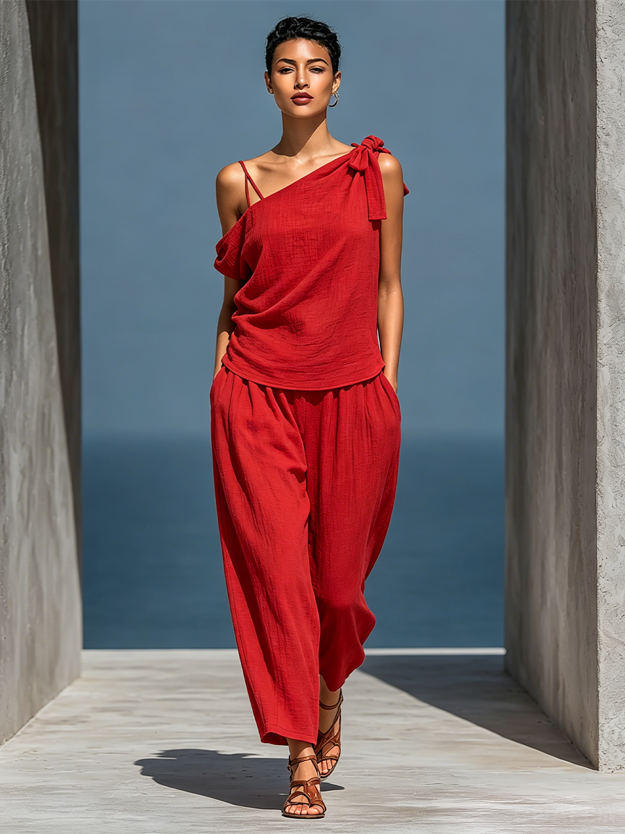 RojoTwo-Piece Conjunto: Asymmetrical One-Shoulder Top (Without Neck Scarf) & Pierna ancha Pantalón con bolsillos