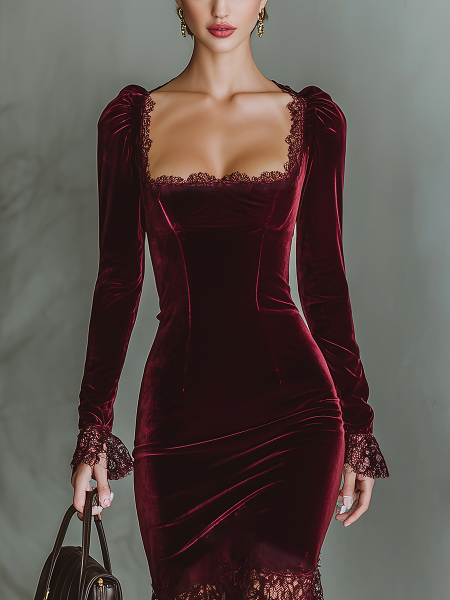 Burdeos Velvet Encaje Fitted Chalecoido maxi