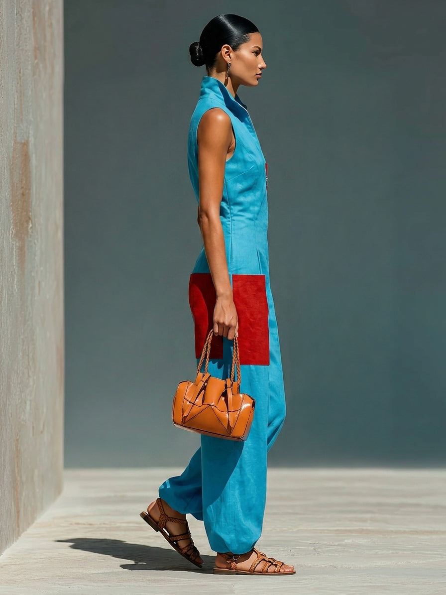Azul Linen-Blend Sin mangas Mono With Rojo Patch Pockets & Half-con cremallera Cuello mao