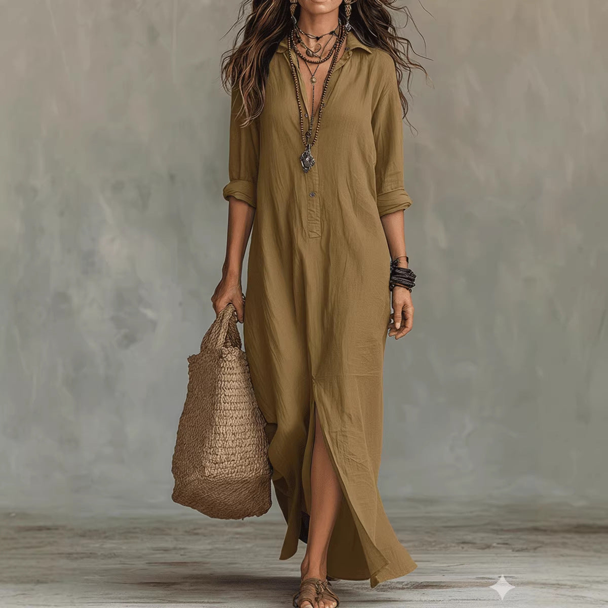 Céline | Vestido largo negro de corte holgado con botones delanteros