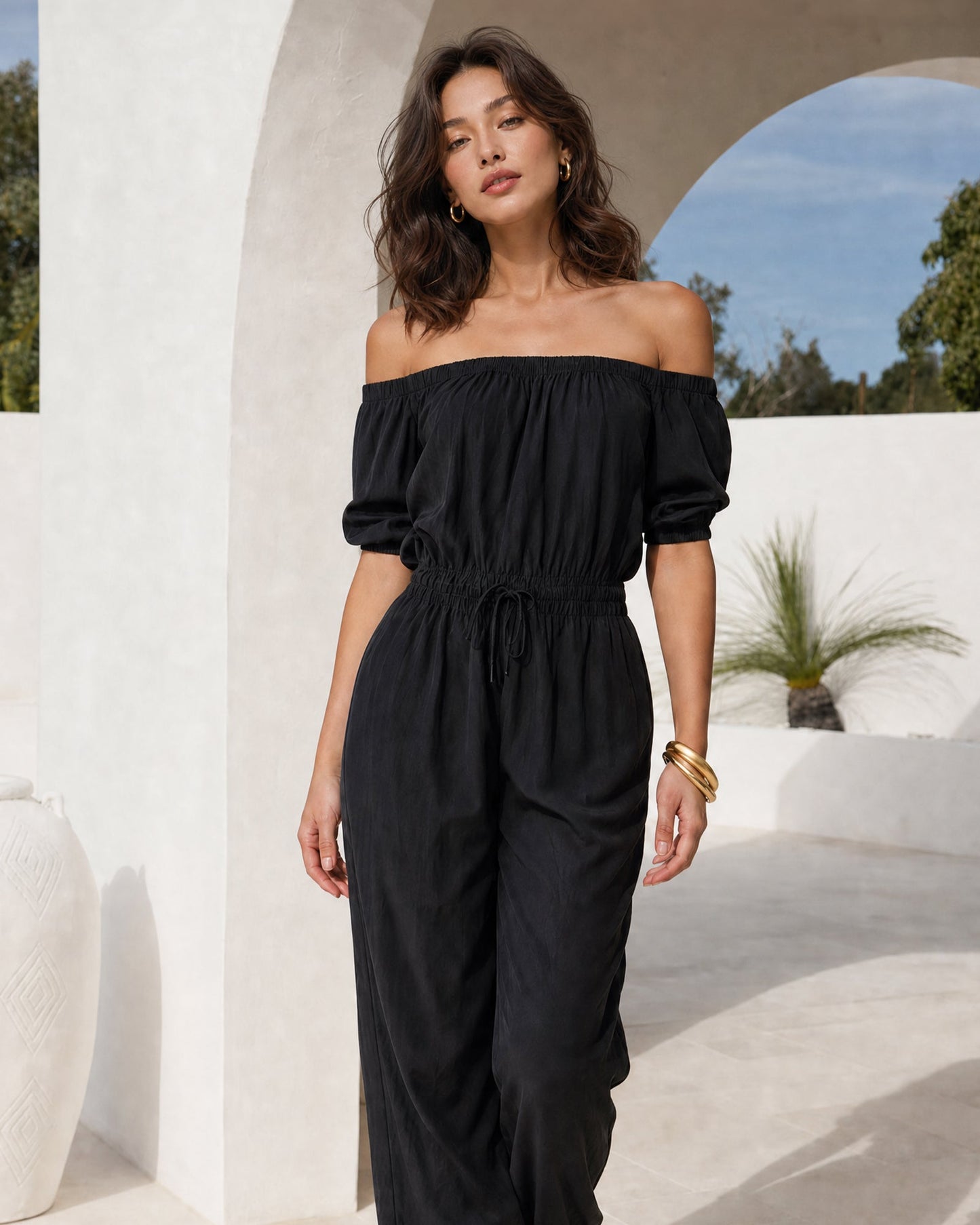 Casual Negro Woven Hombros descubiertos Sin mangas Mono