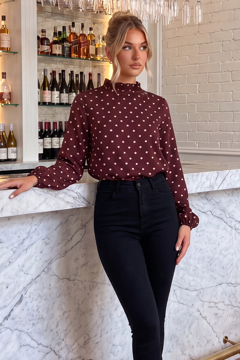 Burgundy Polka Dot Print Long Sleeve Ruffle Neck Top
