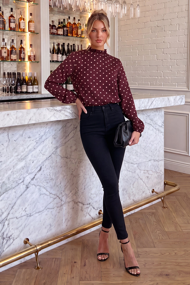 Burgundy Polka Dot Print Long Sleeve Ruffle Neck Top