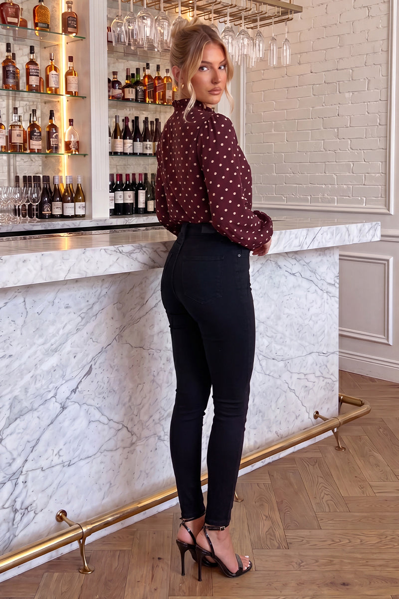 Burgundy Polka Dot Print Long Sleeve Ruffle Neck Top