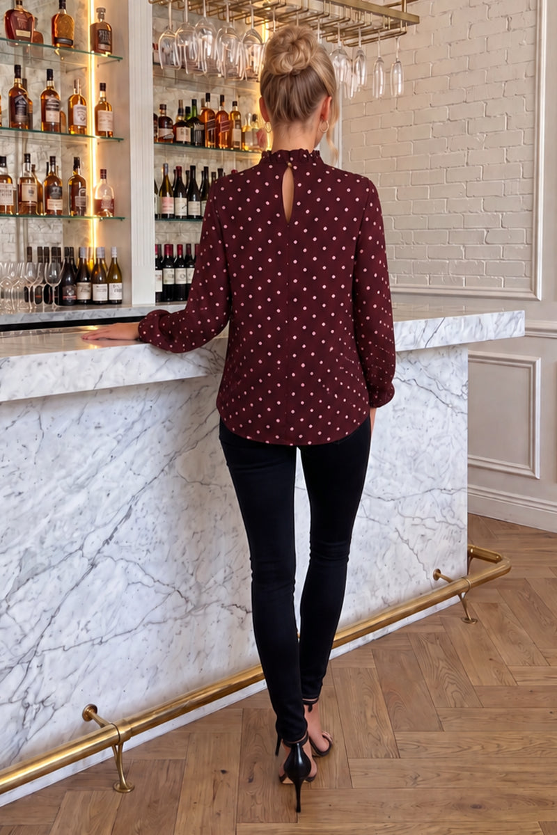 Burgundy Polka Dot Print Long Sleeve Ruffle Neck Top