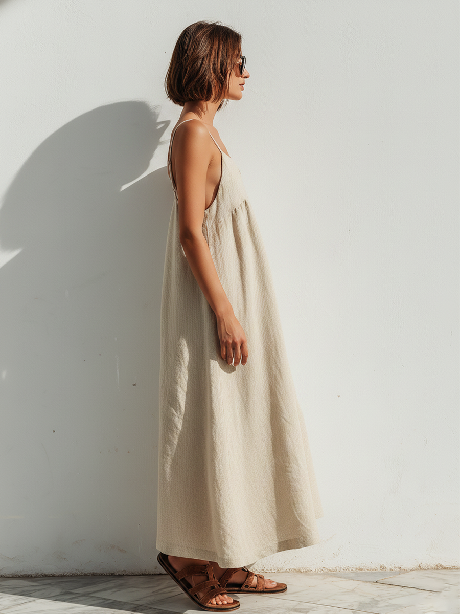 Lightweight Linen Swing Dress With Holgado Fit & Asymmetric Hem, Contemporary Effortless-Elegante Style Dress