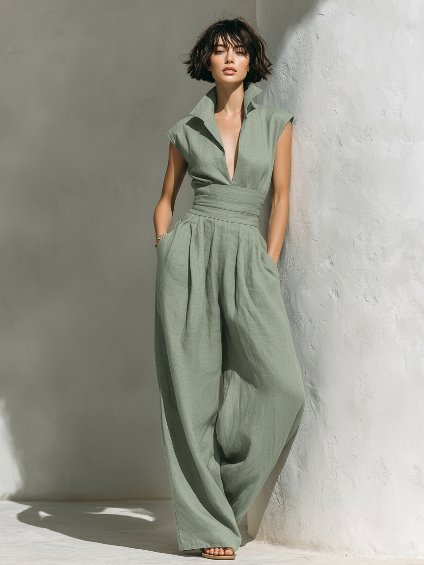 Minimalista Linen Blend Mono With Cap Sleeves And Pierna anchas