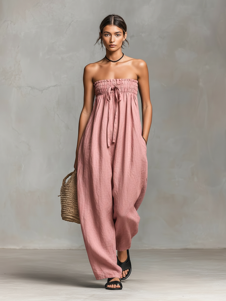Minimalista Holgado Linen Blend Palabra de honor Mono With Tie Closure