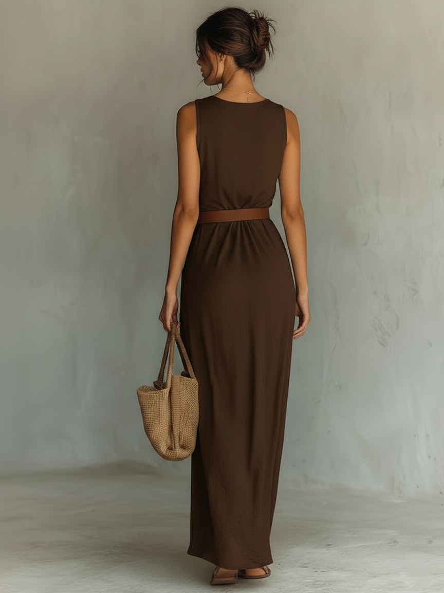 Minimalista Cowl Neck Sin mangas con cinturón Chalecoido maxi