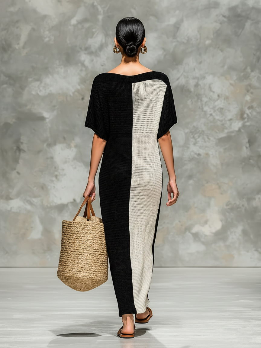 Minimalista Knitted Boat Neck Manga corta Chalecoido maxi