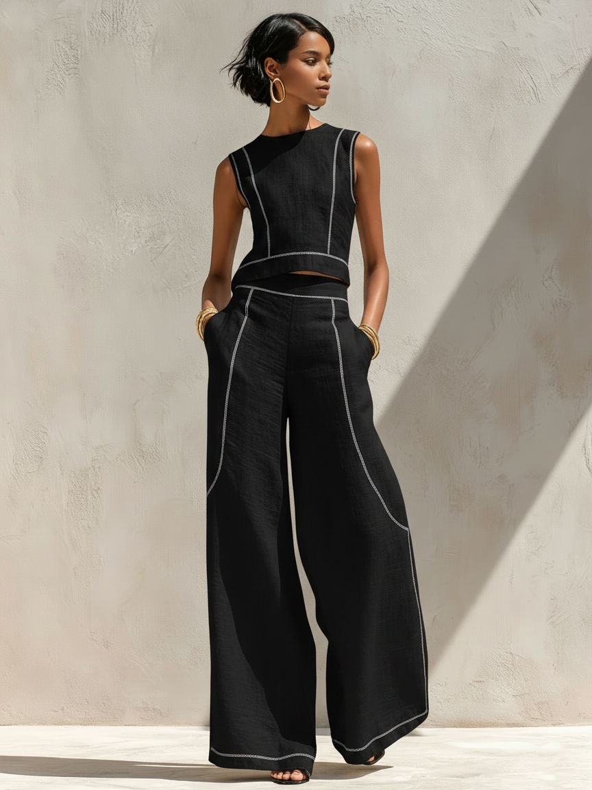 Minimalista Linen-Blend Contrast-Stitched Blusa & Pierna ancha Pantalón Conjunto