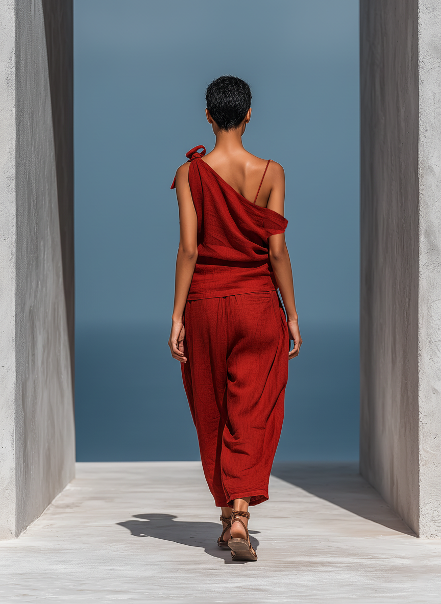 RojoTwo-Piece Conjunto: Asymmetrical One-Shoulder Top (Without Neck Scarf) & Pierna ancha Pantalón con bolsillos