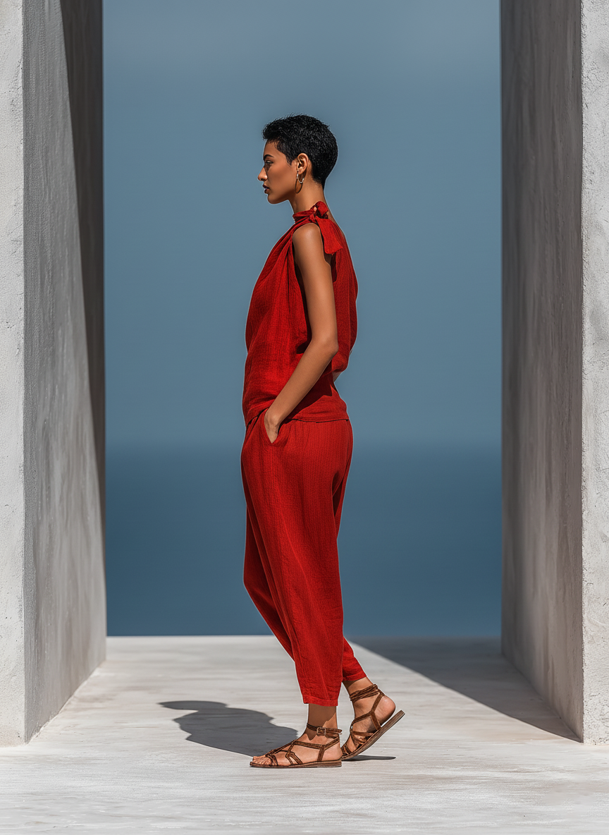 RojoTwo-Piece Conjunto: Asymmetrical One-Shoulder Top (Without Neck Scarf) & Pierna ancha Pantalón con bolsillos