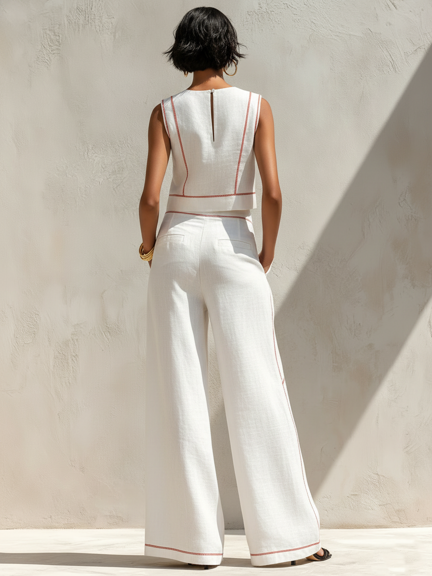 Minimalista Linen-Blend Contrast-Stitched Blusa & Pierna ancha Pantalón Conjunto