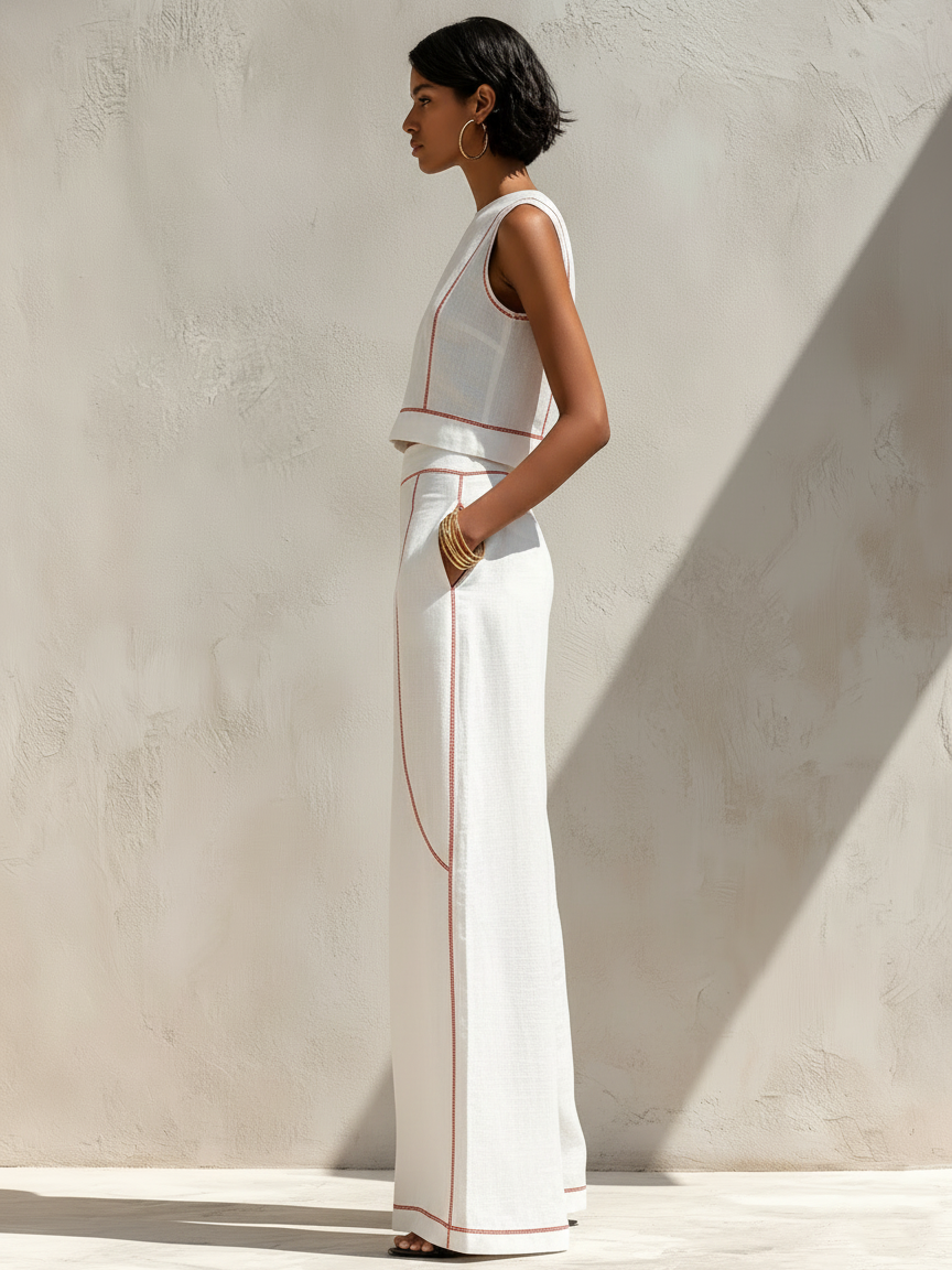 Minimalista Linen-Blend Contrast-Stitched Blusa & Pierna ancha Pantalón Conjunto