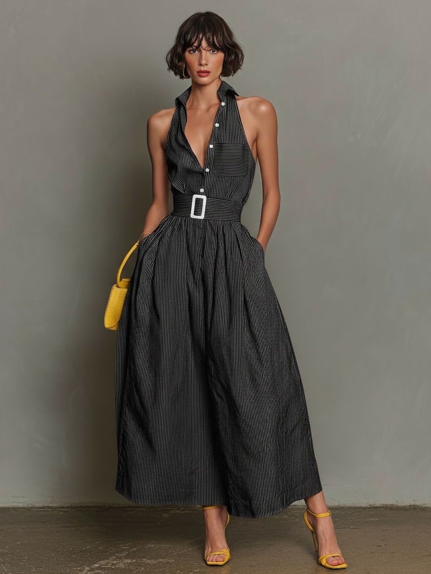 Minimalista Striped Lapel Sin mangas Chalecoido maxi