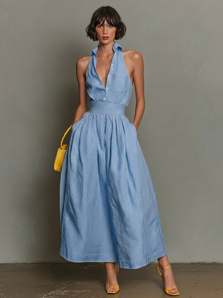 Minimalista Striped Lapel Sin mangas Chalecoido maxi