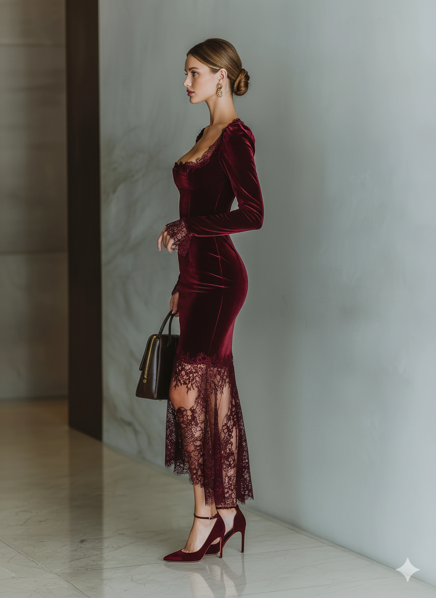 Burdeos Velvet Encaje Fitted Chalecoido maxi