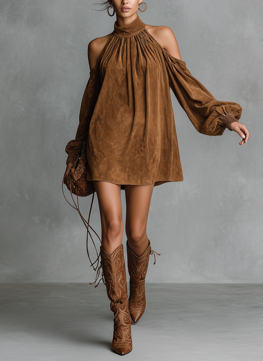 Holgado Faux Suede Halter Neck Semi-high Collar Lantern Sleeve Chalecoido mini