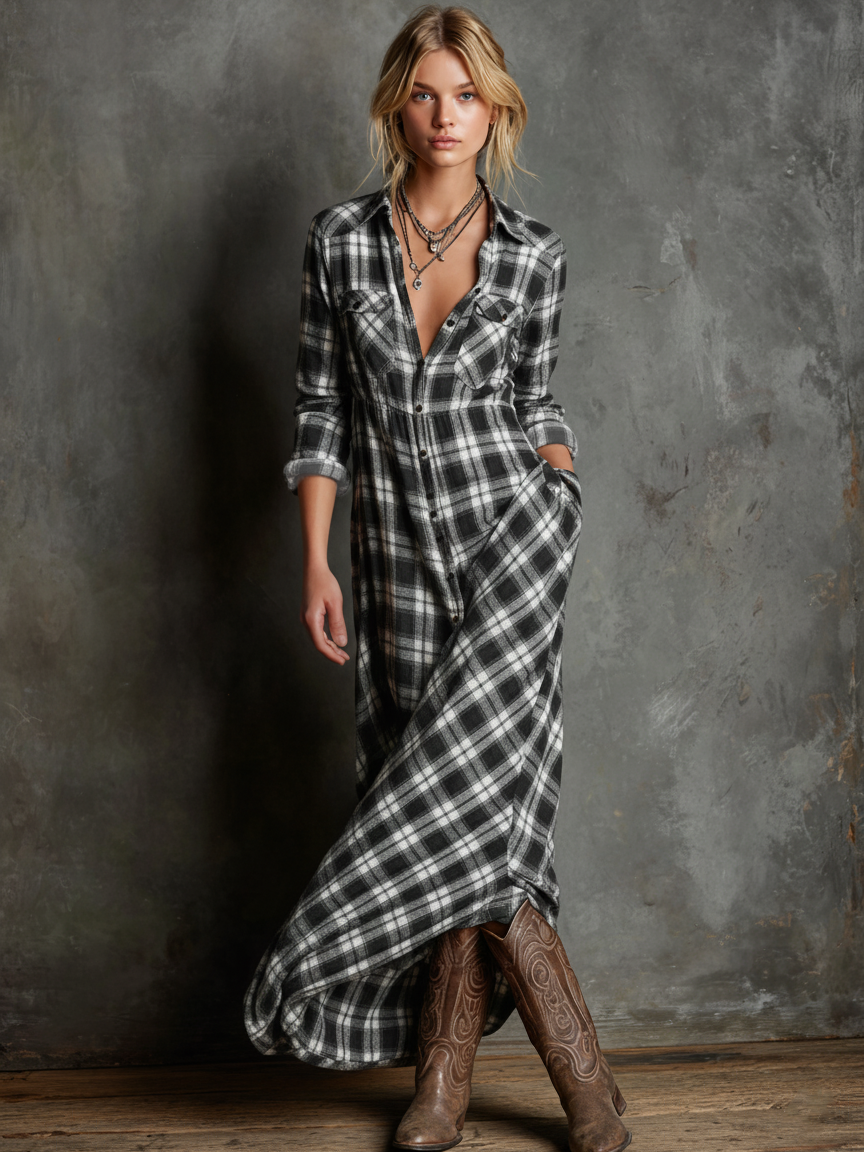 Plaid Lapel Single-Breasted Camisa Chalecoido maxi