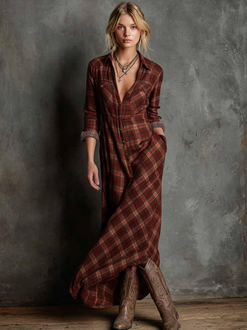 Plaid Lapel Single-Breasted Camisa Chalecoido maxi