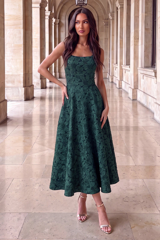 Green Floral Jacquard Square Neck A-line Midi Dress