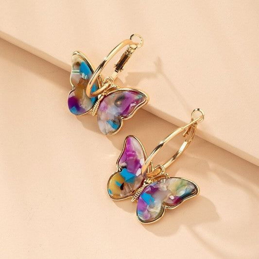 Pendientes Aro Mariposas Multicolores Doradas