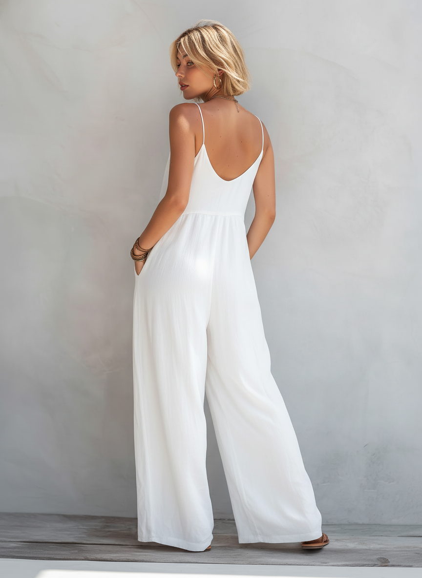 Casual Blanco Cotton-lino Blend Sin mangas Holgado Mono