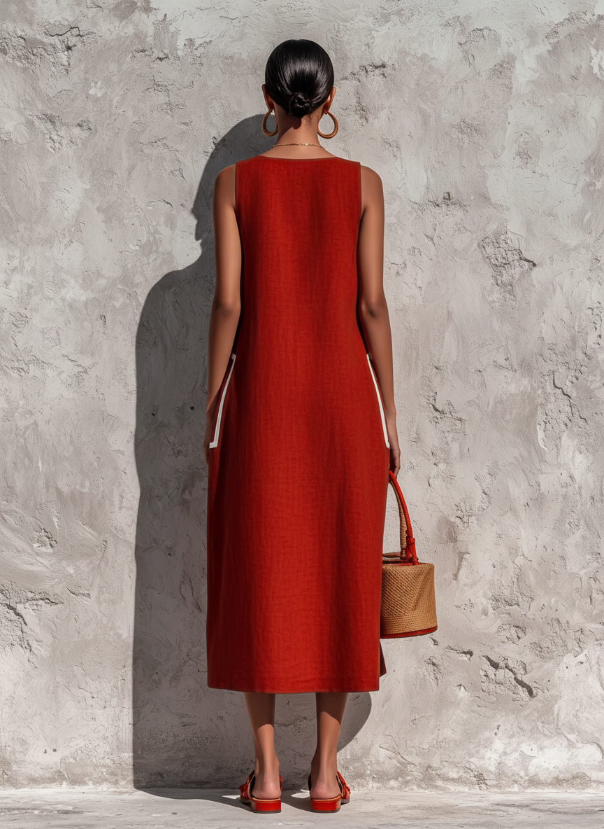 Rojo Cotton-Linen Blend Sin mangas Chalecoido midi With Contrasting Blanco Piping And Double Side Patch Pockets