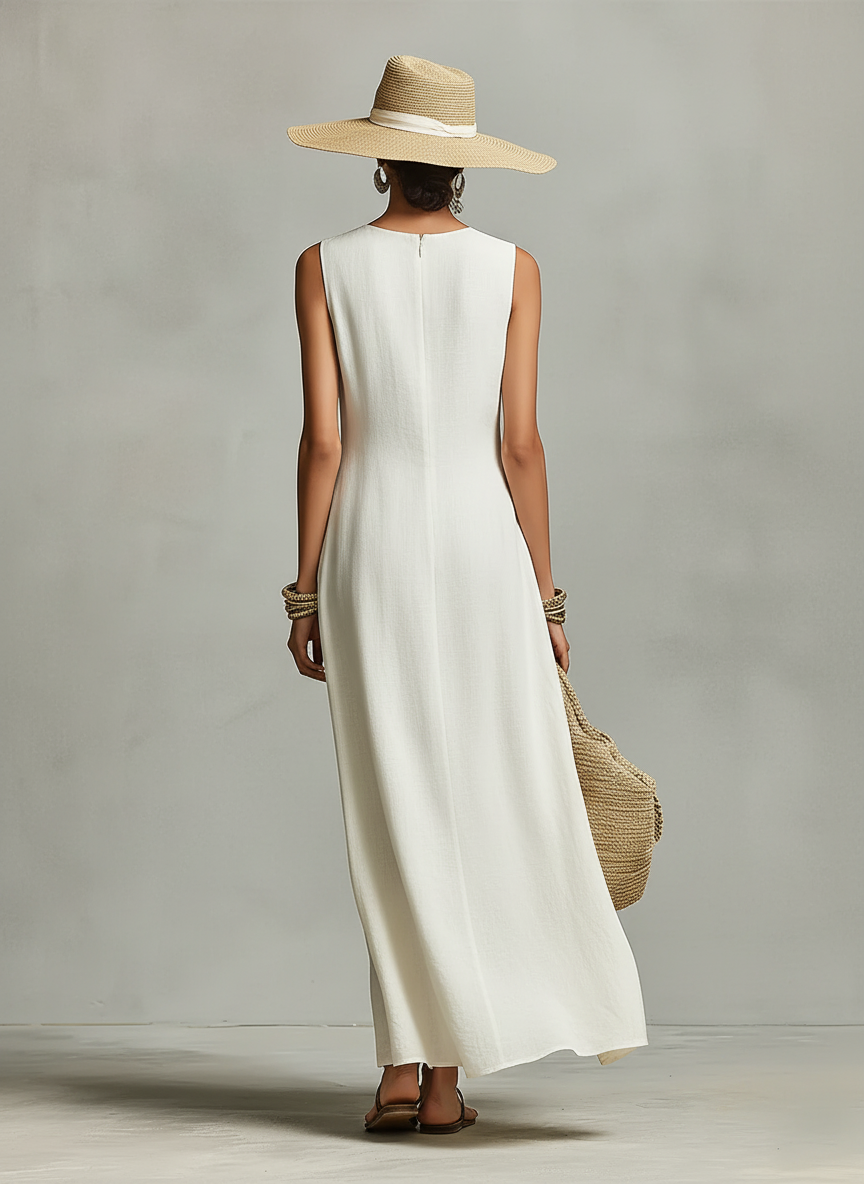 Marfil Transpirable Linen Dress With Sin mangas Detail & Asymmetric Hem, Contemporary Casual-Feminine Style Dress