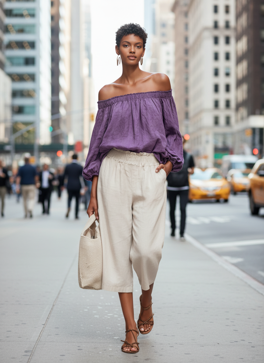 Casual Style Morado Cotton And Linen Off-shoulder Long Lantern Sleeve Top