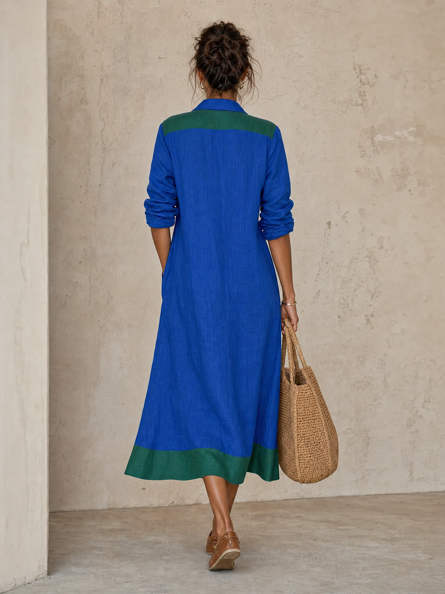 Minimalista Color-Block Single-Breasted Manga larga Midi Chalecoido camisero