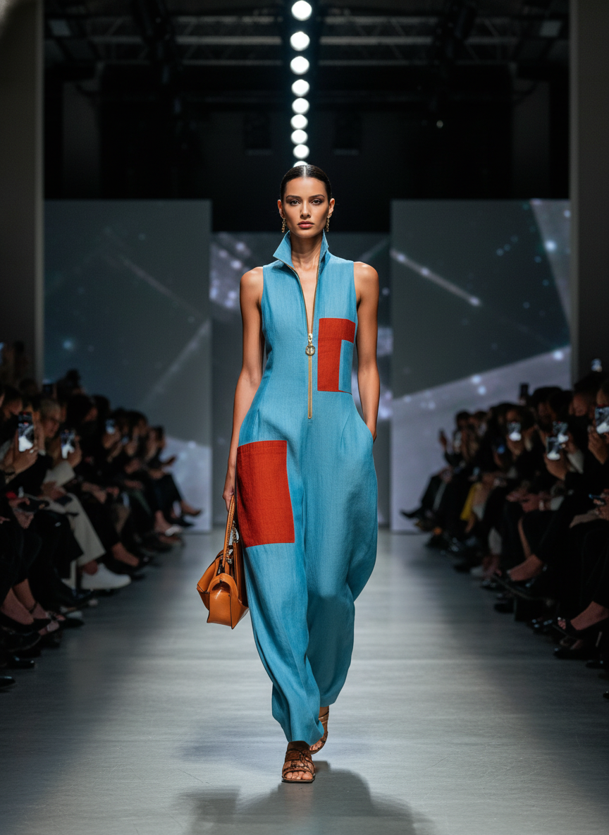 Azul Linen-Blend Sin mangas Mono With Rojo Patch Pockets & Half-con cremallera Cuello mao