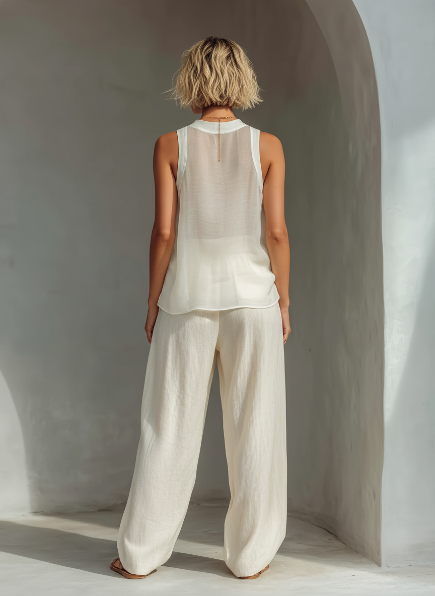 Crema Two-Piece Conjunto With Semi-sheer Chiffon Sin mangas Top & Cotton And Linen Blend Drawstring Pierna ancha Pantalón