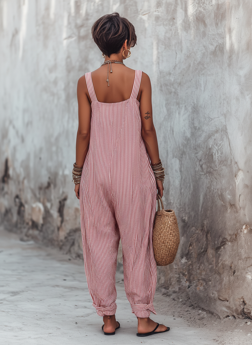 Minimalista Striped Holgado-Fit Square-Neck Sin mangas Mono