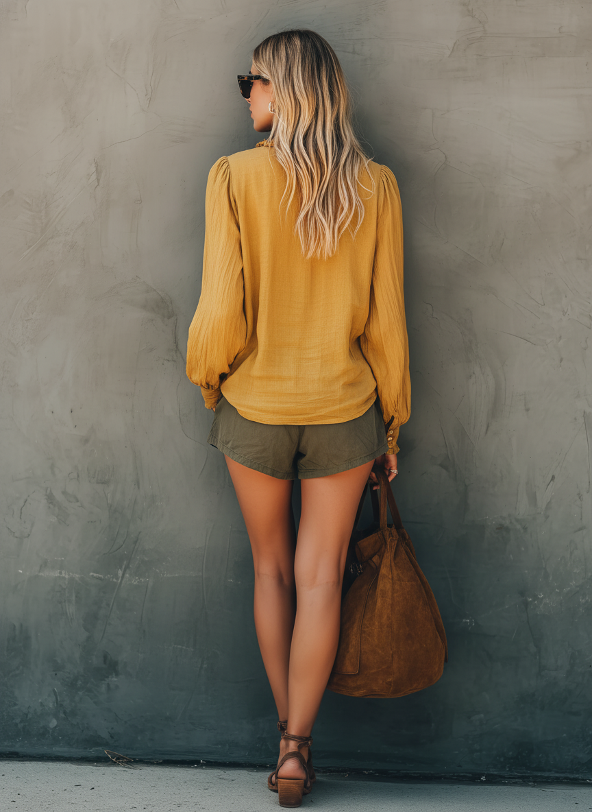 Casual Amarillo Cotton-Linen Escote en V Manga larga Top And Olive Verde Shorts Conjunto