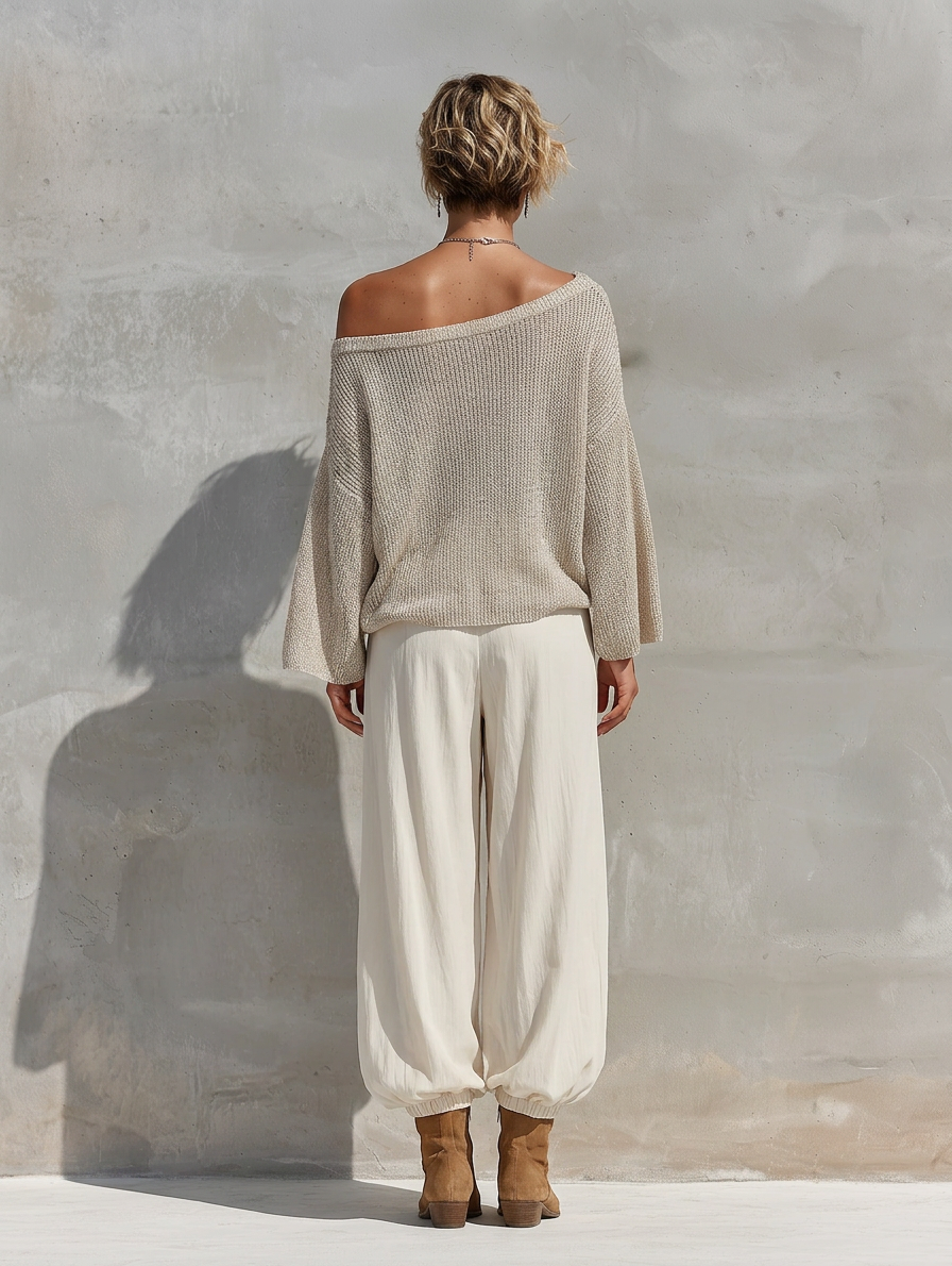 Shimmer Knit Off Shoulder Manga murciélago Holgado Top Blanco Elastic Cuff Pierna ancha Jogger Pantalón Two Piece Conjunto