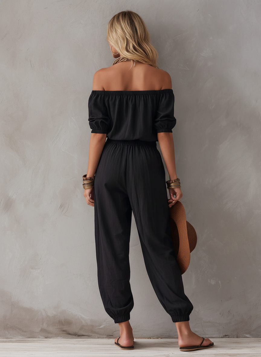 Casual Negro Woven Hombros descubiertos Sin mangas Mono