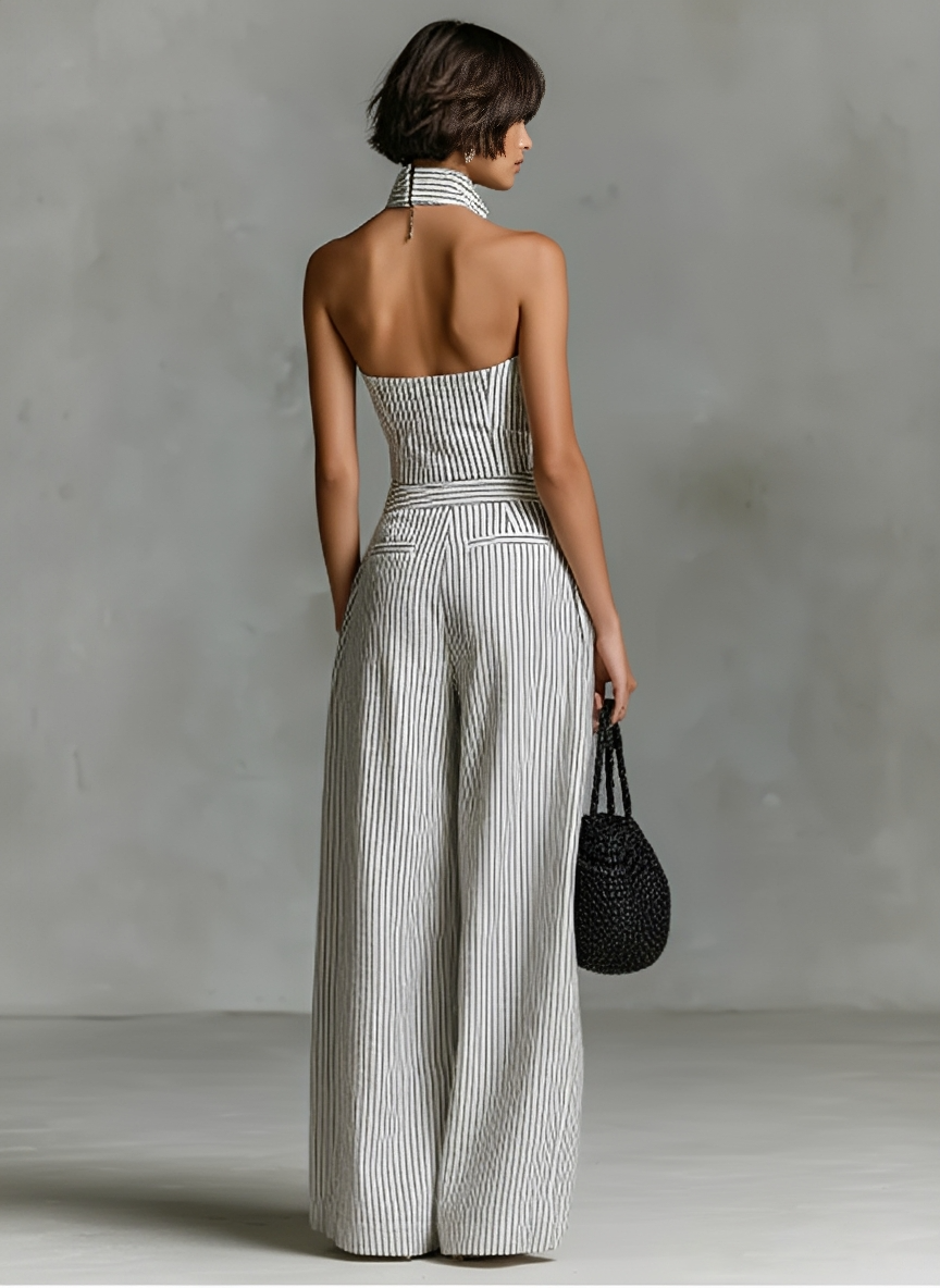 Minimalista Striped Linen Sin mangas Single-Breasted Mono