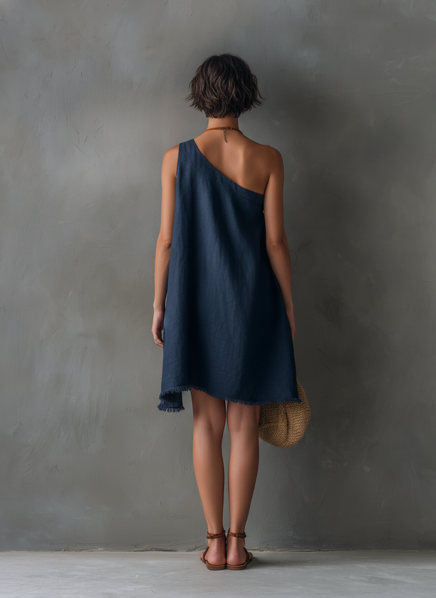 Minimalista Linen-Blend One-Shoulder Sin mangas Chalecoido mini With Frayed Hem