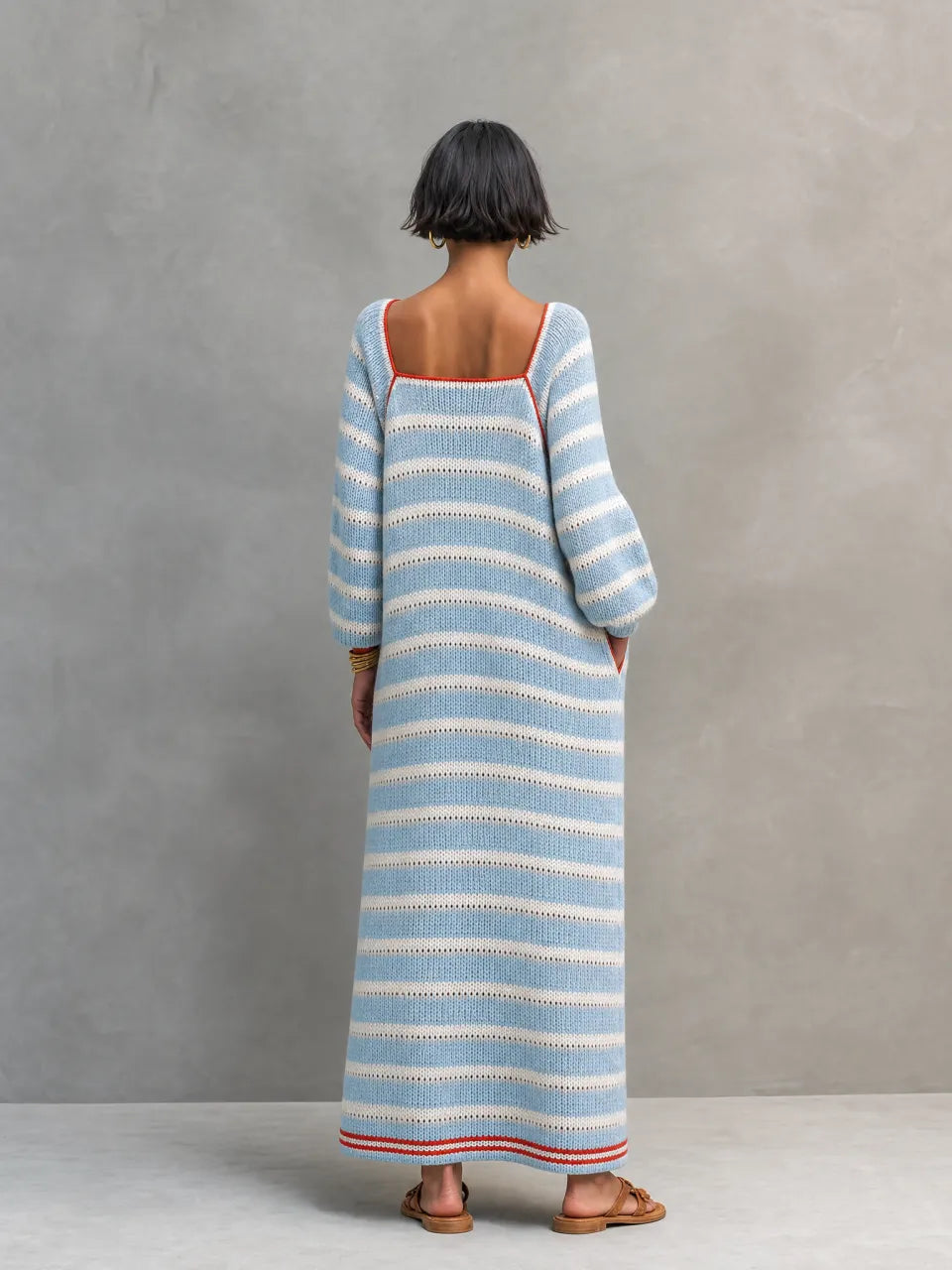 Minimalista Striped Square-Neck Manga larga Maxi Jersey Dress