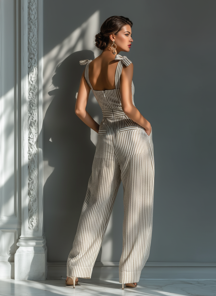 Beige & Blanco Striped Linen-Blend Mono With Square Neck & Tie Straps