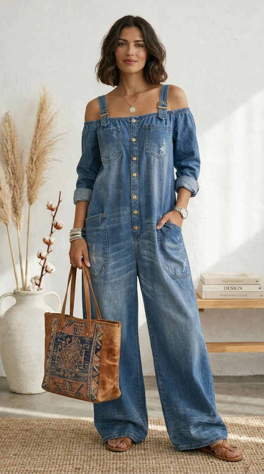 Ruth | Mono Azul Off Shoulder Pernera Ancha