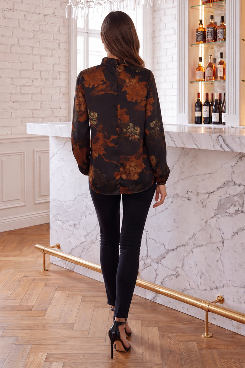 Multi Floral Print Long Sleeve Ruffle Neck Top