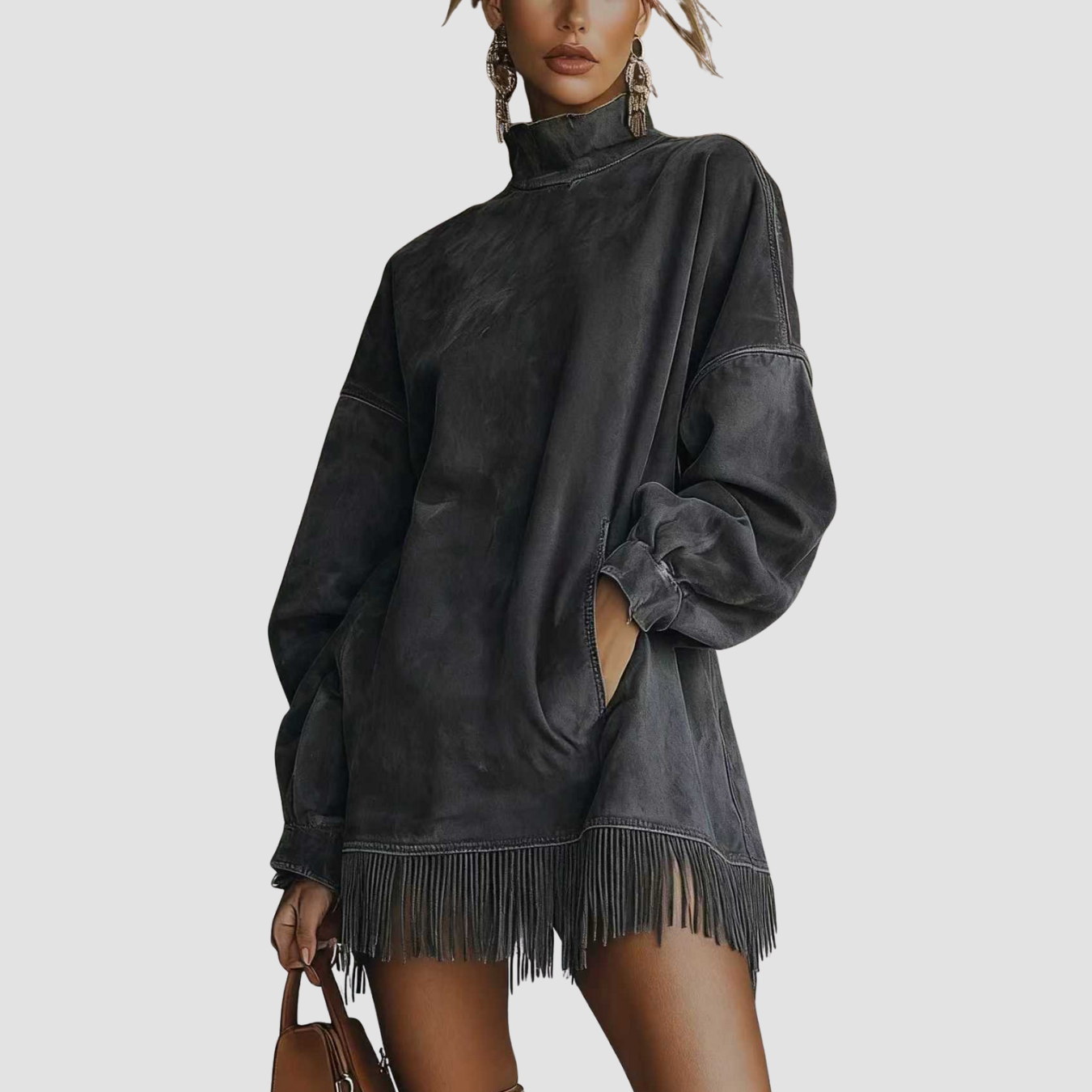 Novea | Vestido de ante de manga larga con borlas y bolsillos sueltos