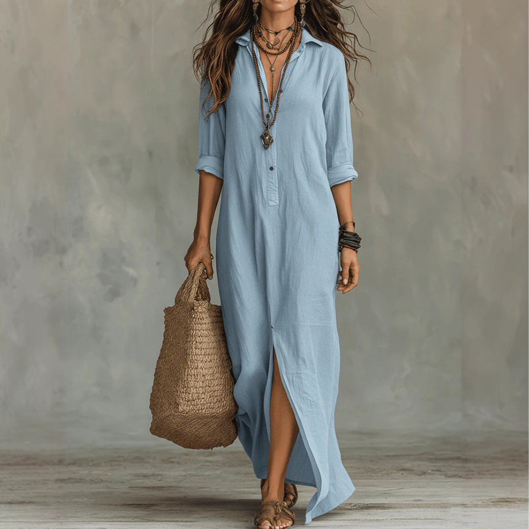 Céline | Vestido largo negro de corte holgado con botones delanteros