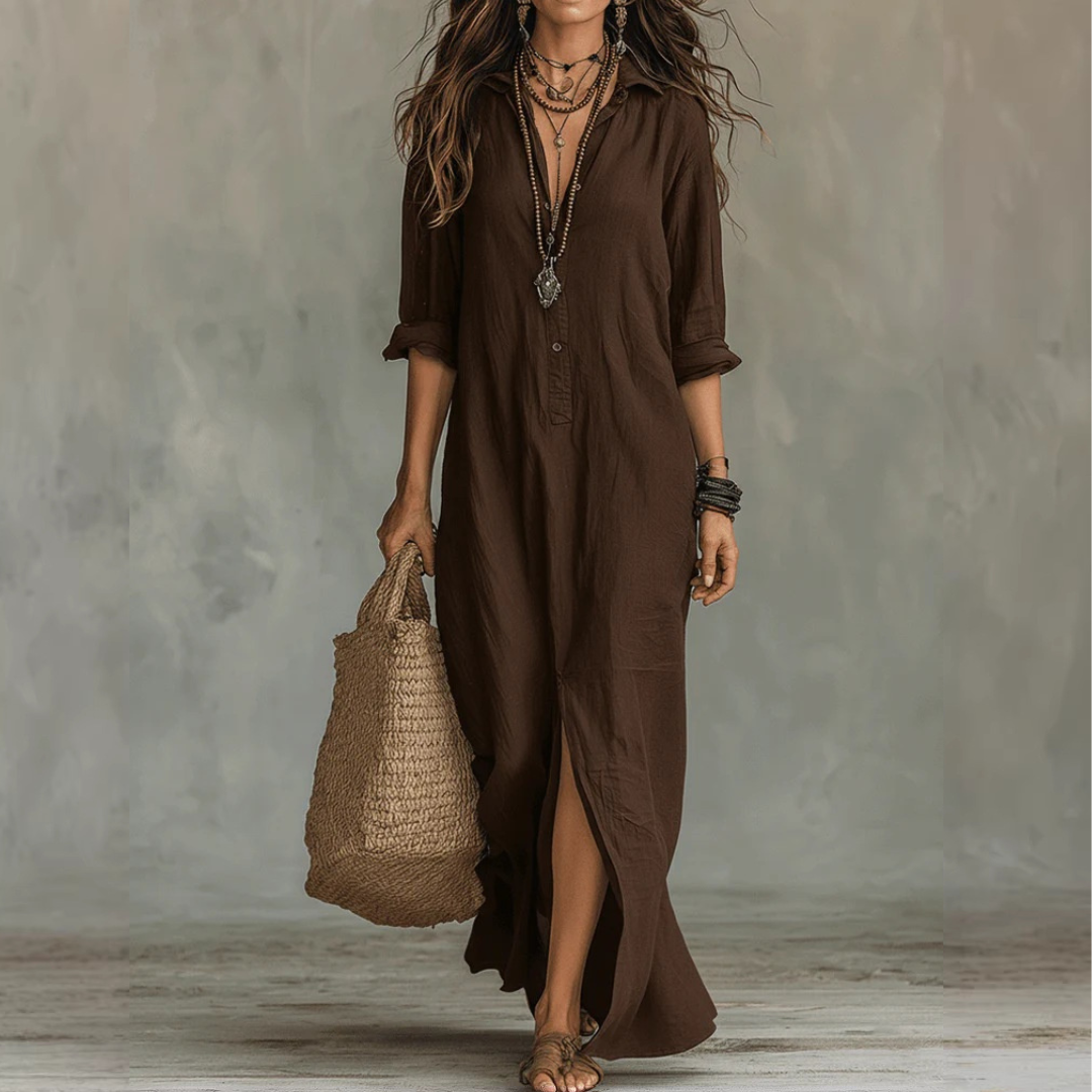 Céline | Vestido largo negro de corte holgado con botones delanteros