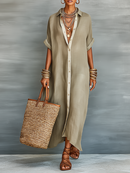 Vestido camisero maxi minimalista de lino con manga corta