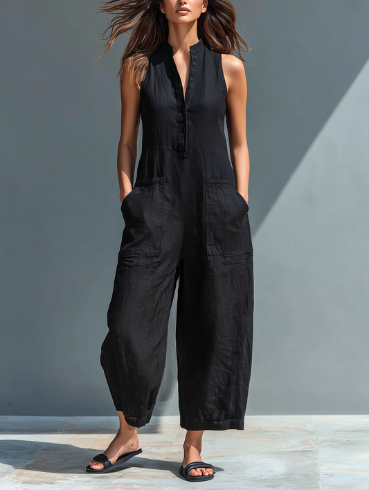 Minimalista Linen Blend con botones Stand-collar Sin mangas Holgado Mono