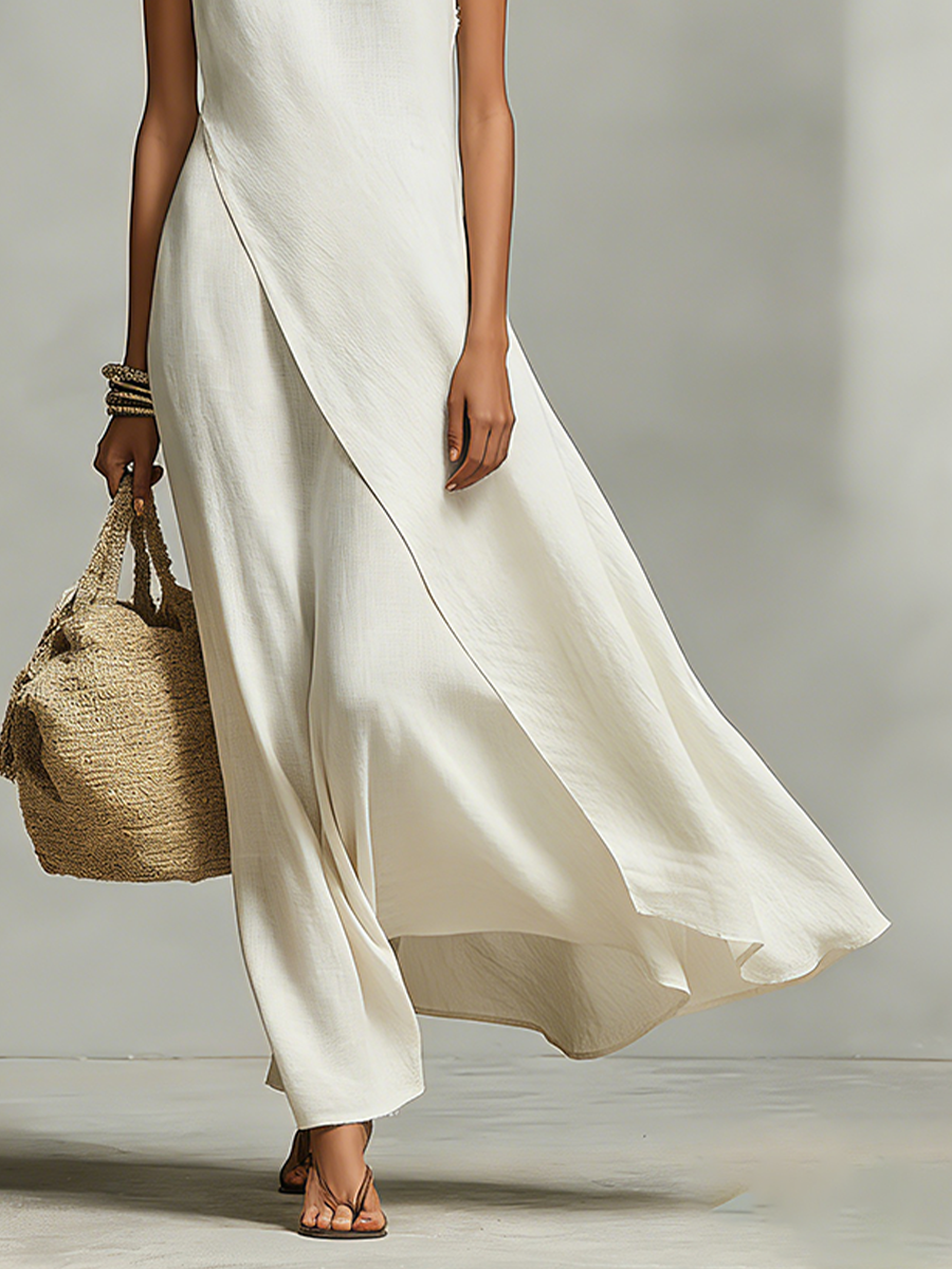 Marfil Transpirable Linen Dress With Sin mangas Detail & Asymmetric Hem, Contemporary Casual-Feminine Style Dress
